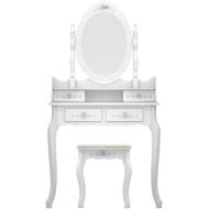 LordBee White Vanity Jewelry Drawer w/Stool Makeup Set Wood Mirror Table Led Makeup Dressing Lighted