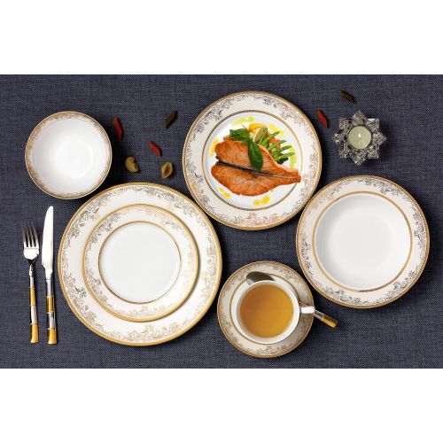  Lorren Home Trends 57 Piece Chloe Bone China Dinnerware Set (Service for 8 People), Gold