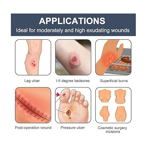  LotFancy Calcium Alginate Wound Dressing, 4”x8” Patches, 10 Count, Non-Stick Padding, Highly Absorbent Wound Dressings Pads for Emergency Care, Fast Healing