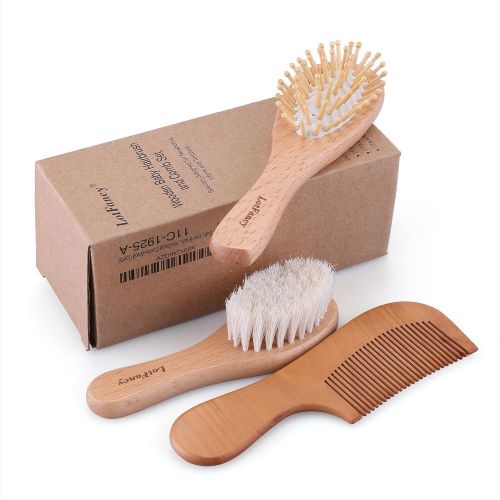  [아마존베스트]LotFancy Baby Hair Brush and Comb Set for Newborns & Toddlers, Natural Wooden Soft Goat Bristle Brush for Cradle Cap Wooden Comb Perfect for Baby Shower and Registry Gift