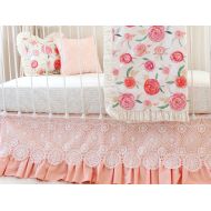 LottieDaBaby Sweet Georgia Peach Crib Bedding, Floral Baby Girl bedding set, Peach and Cream Baby Crib Blanket Girl, Pink Coral Roses Nursery with Lace