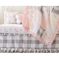 LottieDaBaby Baby Girl Crib Set, Buffalo Plaid Crib Bedding, Rustic Baby Bedding for Girls, Pink Taupe Neutral Crib Bedding for Farmhouse Floral Nursery