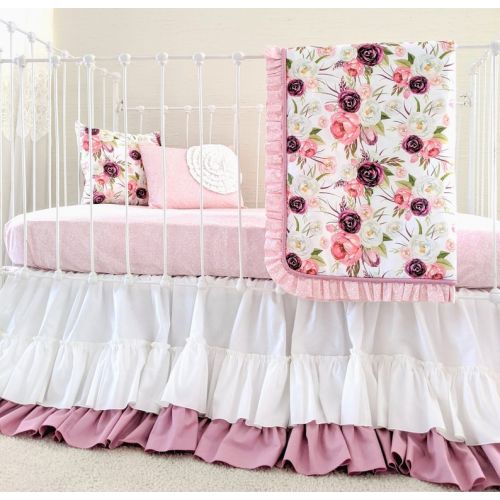  LottieDaBaby Bumperless Baby Bedding, Custom Baby Girl Bedding with Pink and Yellow Ruffle Crib Bedding Accents - Lily Belle