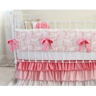 LottieDaBaby Pink, Taupe, and White Baby Girl Bedding Set with Ombre Ruffle Skirt and Gold Shimmer Accents, 3-Piece Bumper Set for Custom Nursery