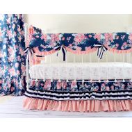 LottieDaBaby Coral and Navy Baby Girl Bedding, Stripe and Floral Chic, Coral and Navy Nursery, Bumperless crib bedding, Peach Crib Set, Navy Stripe,