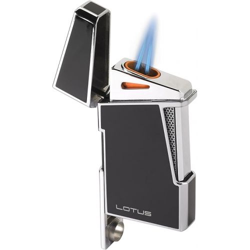  Lotus Apollo Cigar Lighter with Double Wind-Resistant Torch Flames, All Metal Housing, Integrated Cigar Punch, Large Flame Adjuster (Black Lacquer & Polished Chrome)