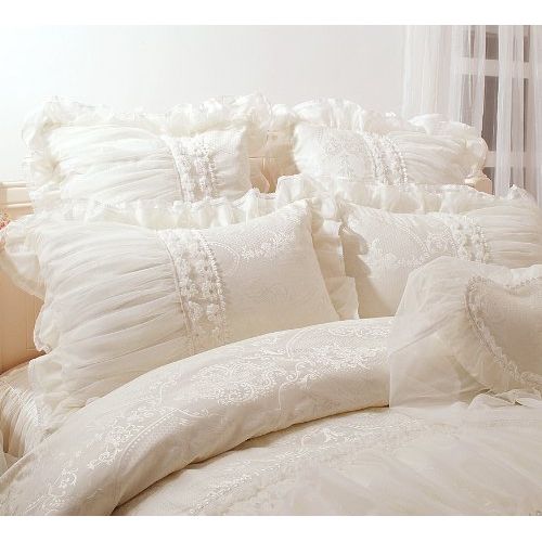  Lotus FADFAY Home Textile,Beautiful Milk White Ruffle Bedding Set,Korean Bedding Sets,Girls Lace Ruffled Bedding Set,9Pcs,Queen