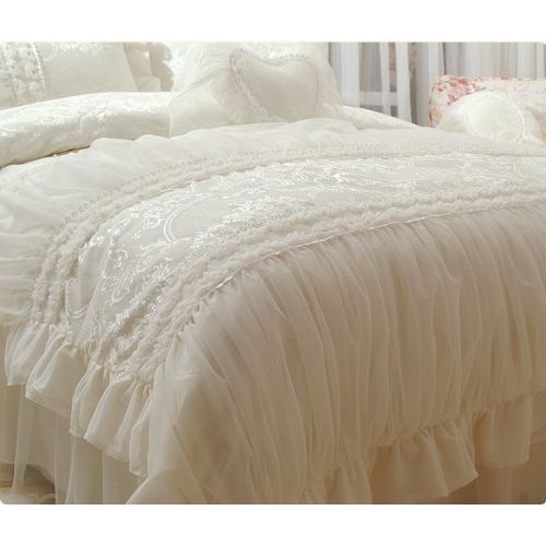  Lotus FADFAY Home Textile,Beautiful Milk White Ruffle Bedding Set,Korean Bedding Sets,Girls Lace Ruffled Bedding Set,9Pcs,Queen