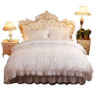 Lotus Karen Jasmine 4 Pcs Bedding Set (1Duvet Cover/1Bedskirt/2Pillowcases) Chic Lace Pleated and Ruffled Girls Bedding Luxury Cotton Sateen White Princess Bed Set for Beautiful Wo