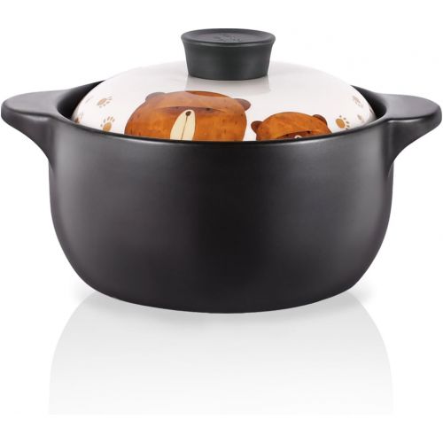 제네릭 [아마존베스트]Lotus Blue 3-Quart Cartoon Pattern Ceramic Round Black Dish Casserole/Clay Pot/Earthen Pot/Ceramic Cookware With White Lid Heat-Resistant Fox Girl Uncle Brown Bear Gift Box