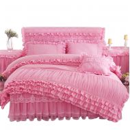 Lotus Karen Rose Princess Bed Sets Multi Layers Ruffles with Lace Girls Bedding Set Romantic Korean Style Bed Cover Set for Girls (1Duvet Cover, 1Bedskirt, 2Pillowcases)