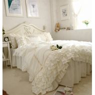Lotus Karen Jennifer Off-White Girls Bedding Set Shaggy Chic Multi-Ruffle Princess Bed Set with Cute Bow-Knots Cotton Twin Size 4-Piece Bedding (1Duvet Cover/1Bed Skirt/2Pillowcase