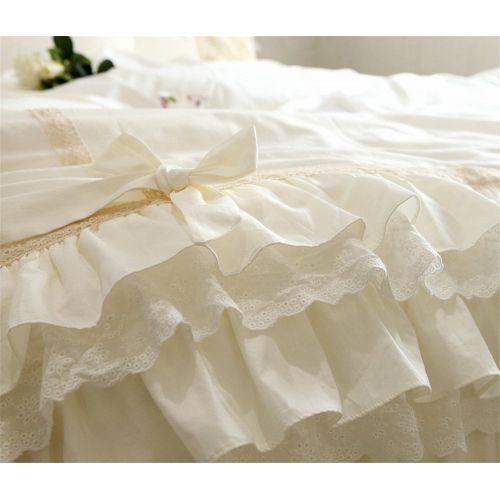  Lotus Karen Jennifer Off-White Girls Bedding Set Shaggy Chic Multi-Ruffle Princess Bed Set with Cute Bow-Knots Cotton Twin Size 4-Piece Bedding (1Duvet Cover/1Bed Skirt/2Pillowcase