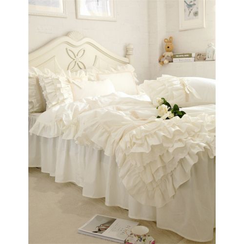  Lotus Karen Jennifer Off-White Girls Bedding Set Shaggy Chic Multi-Ruffle Princess Bed Set with Cute Bow-Knots Cotton Twin Size 4-Piece Bedding (1Duvet Cover/1Bed Skirt/2Pillowcase