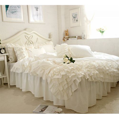  Lotus Karen Jennifer Off-White Girls Bedding Set Shaggy Chic Multi-Ruffle Princess Bed Set with Cute Bow-Knots Cotton Twin Size 4-Piece Bedding (1Duvet Cover/1Bed Skirt/2Pillowcase
