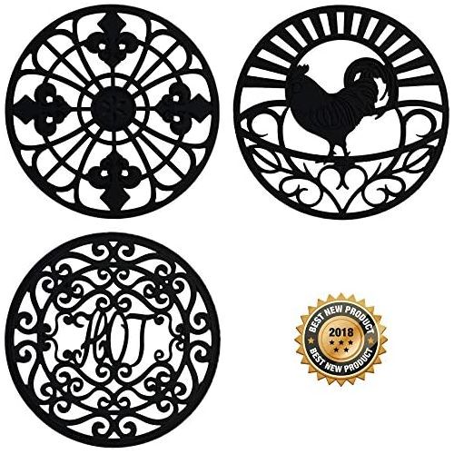  Love This Kitchen Silicone Trivet Set for Hot Dishes, Pots & Pans. These Modern Kitchen Hot Pads Come in 3 Different Country Decor Designs That Mimics Vintage Cast Iron Trivets. 7.5 inch Round, Set