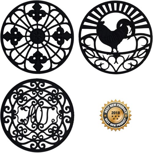  Love This Kitchen Silicone Trivet Set for Hot Dishes, Pots & Pans. These Modern Kitchen Hot Pads Come in 3 Different Country Decor Designs That Mimics Vintage Cast Iron Trivets. 7.5 inch Round, Set