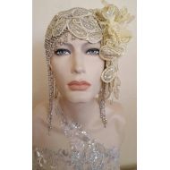/LoveGoddessBySebrina Downton Abbey Gatsby 20s Flapper Ivory Paisley Lace Silver Beaded Crystal Rhinestone Pearl Bejeweled Bridal Wedding Headpiece Headdress