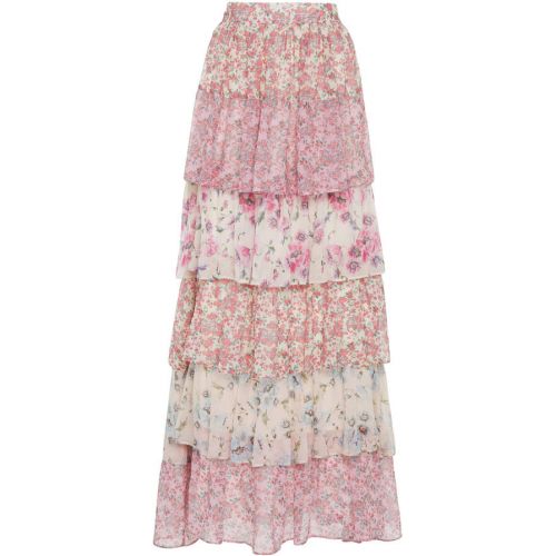  LoveShackFancy Carmen Tiered Floral-Print Silk Maxi Skirt