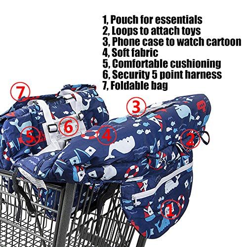  [아마존베스트]Love&go 2-in-1 Shopping Cart and High Chair Cover for Baby~Padded~Foldn Roll Style~Portable with Free Carry Bag (Blue Whale)