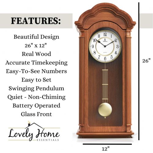  Verona Clocks Best Pendulum Wall Clock, Silent Decorative Wood Clock Swinging Pendulum, Battery Operated, Large Carved Wooden Design Living Room, Kitchen, Office & Home Decor, 26 x