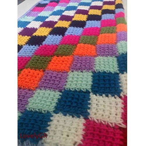  LovelyGR Crochet Baby Blanket Multi-Colored Squares Soft Acrylic Yarn