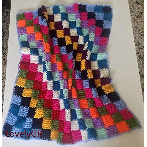  LovelyGR Crochet Baby Blanket Multi-Colored Squares Soft Acrylic Yarn