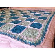 LovelyGR Child Blanket Crochet Cnitted Light Green Τurquoise White Background Square Crochet Blanket Throw Soft Akrylic Yarn