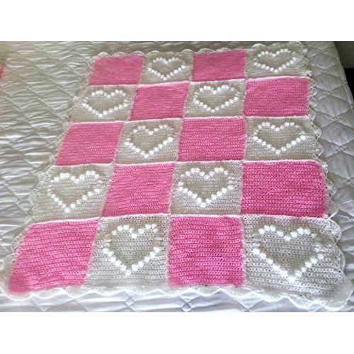  LovelyGR Crocheted Baby Blanket Hearts Acrylic Yarn White Pink Colored