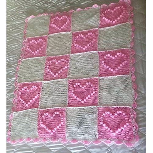  LovelyGR Crocheted Baby Blanket Hearts Acrylic Yarn White Pink Colored