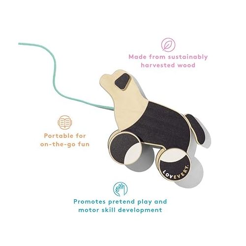  LOVEVERY |The Pull Pup | Wooden Push Pull Toy, Black/White/Natural Wood, Sustainable Toy for Toddler, Ages 18+ Months