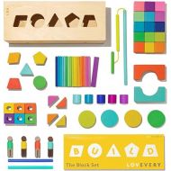 LOVEVERY | The Block Set | Solid Wood Building Blocks and Shapes + Wooden Storage Box, 70 Pieces, 18 Colors, 20+ Activities, Toddler Block Set and Converts into a Pull Car, Ages 12 to 48+ months