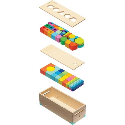  LOVEVERY | The Block Set | Solid Wood Building Blocks and Shapes + Wooden Storage Box, 70 Pieces, 18 Colors, 20+ Activities, Toddler Block Set and Converts into a Pull Car, Ages 12 to 48+ months