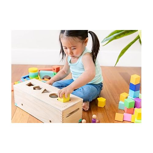  LOVEVERY | The Block Set | Solid Wood Building Blocks and Shapes + Wooden Storage Box, 70 Pieces, 18 Colors, 20+ Activities, Toddler Block Set and Converts into a Pull Car, Ages 12 to 48+ months