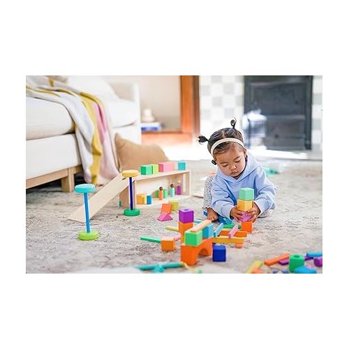  LOVEVERY | The Block Set | Solid Wood Building Blocks and Shapes + Wooden Storage Box, 70 Pieces, 18 Colors, 20+ Activities, Toddler Block Set and Converts into a Pull Car, Ages 12 to 48+ months