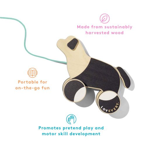  The Pull Pup by Lovevery - Wooden Push Pull Toy, Black/White/Natural Wood