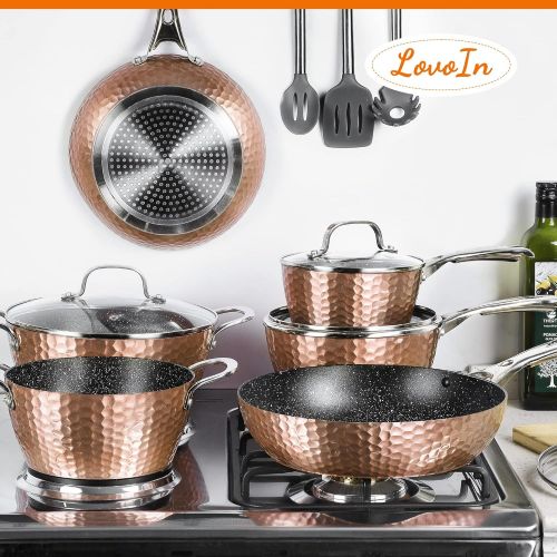  [아마존베스트]LovoIn 14 pcs Non-Stick Cookware Sets, Marble frying Pot and Pan Kitchenware Cooking New Version Hammered cookware set,Induction Dishwasher/Oven/Stovetop