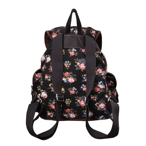  Lt Tribe Casual Floral Canvas Bag School College Backpack for Girls Black G00163