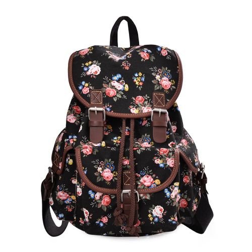  Lt Tribe Casual Floral Canvas Bag School College Backpack for Girls Black G00163