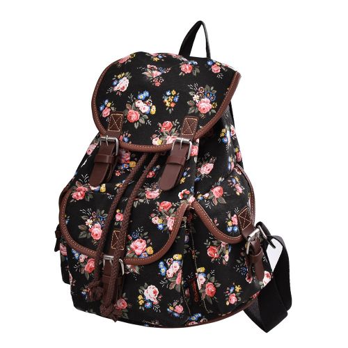  Lt Tribe Casual Floral Canvas Bag School College Backpack for Girls Black G00163