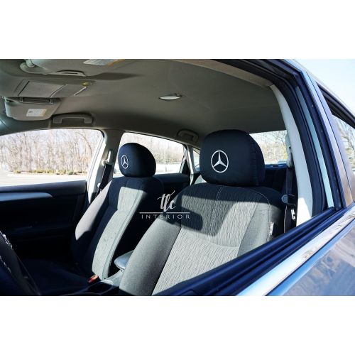  Ltluxury Universal Mercedes Benz Embroidered Black Gray Fabric Headrest Cover Set of 2