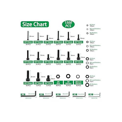  1500PCS Screws Nuts and Washers Assortment, M2 M3 M4 M5 M6 Hex Socket Head Cap Metric Bolts and Nuts Kit - 12.9 Grade Alloy Steel Black Screws with 5 Allen Wrenches for 3D Printer Furniture Industrial