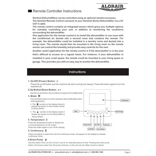  Luby AlorAir Remote Controller for Digital Humidity Temperature Drain Pump Control for Crawl Space Basement dehumidifier HD90 HDi90 HD55