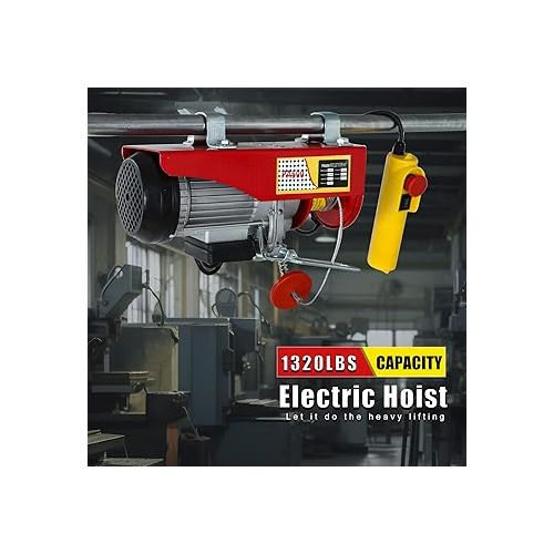  Electric Hoist 1320 lbs with Remote Control and 2 Lift Slings Straps,110 Volt Automatic Zinc-Plated Steel Wire Hoist for Garage Warehouse Factory