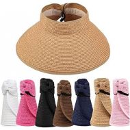 Women's Summer Sun Visor Hats Wide Brim Straw Roll Up Ponytail Foldable Travel Beach Hat Cap