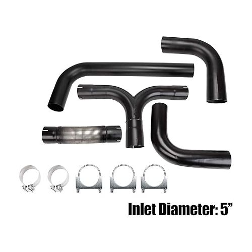  Stainless Steel Black 5'' Universal T Pipe Kit Dual Smoker Exhaust Stack System for Chevy Dodge Ford Full Size Pickup Truck