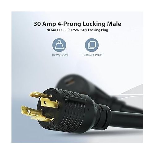  30 Amp RV Generator Adapter Cord 4 Prong with Grip Handle Twist Lock, L14-30P Male to TT-30R Female, Heavy Duty STW 10 AWG 12 Inch for RV Trailer Camper