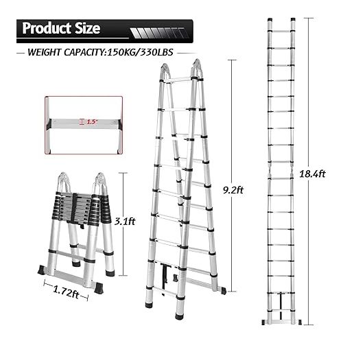  18.4 FT Telescoping Extension Ladder,Aluminum Alloy Folding Ladder with Balance Rod,Portable Multi-Purpose Folding A-Frame Ladder for Outdoor Working Household Use, 330 lbs Max Capacity