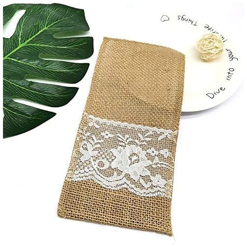  Brand: LucaSng LucaSng 20 Piece Jute Cutlery Bags Cutlery Holders Hessian Lace Vintage Wedding Decoration Table Decoration for Wedding Party