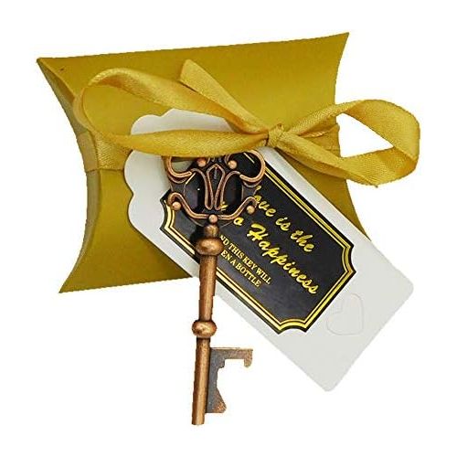  Brand: LucaSng LucaSng 50pcs Wedding Guest Favours Vintage Golden Key Bottle Opener Cushion Candy Boxes Gift Tags White Gold Ribbon